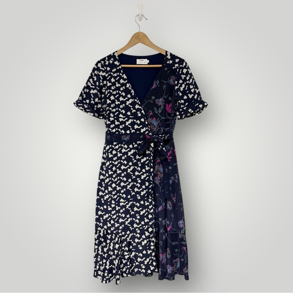 TANYA TAYLOR Luisa Mixed Print 100% Silk Wrap Dress Sz 6 Navy Pink - Picture 2 of 16
